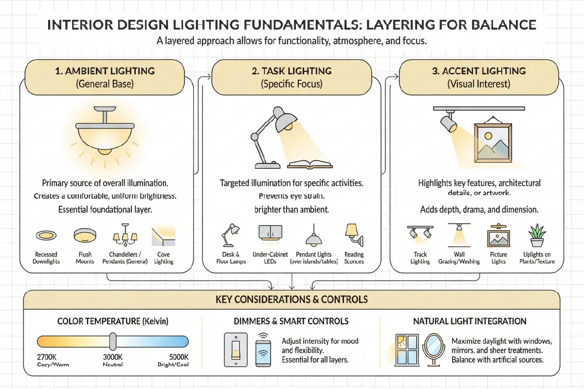 lighting requirements in interior design including ambient task and accent lighting for residential and commercial spaces