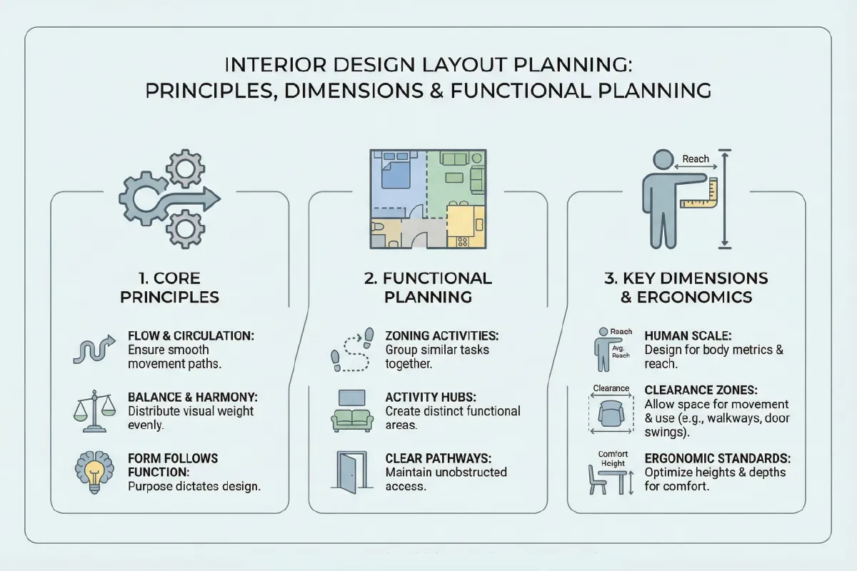 Infographic explaining interior design layout plan principles including furniture placement circulation paths dimensional clearances functional zoning residential and commercial layout planning