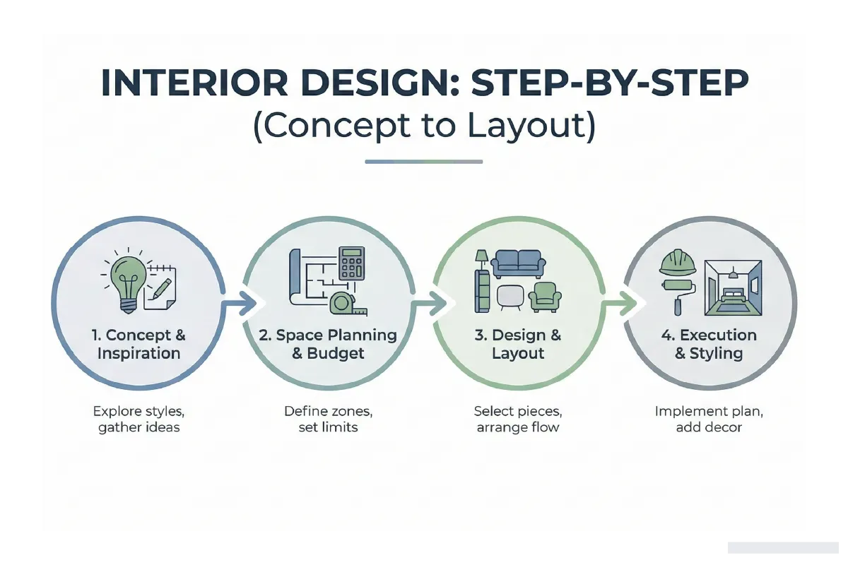 Infographic explaining how to plan interior design step by step including user analysis space planning functional zoning circulation layout development and coordination with lighting materials and HVAC