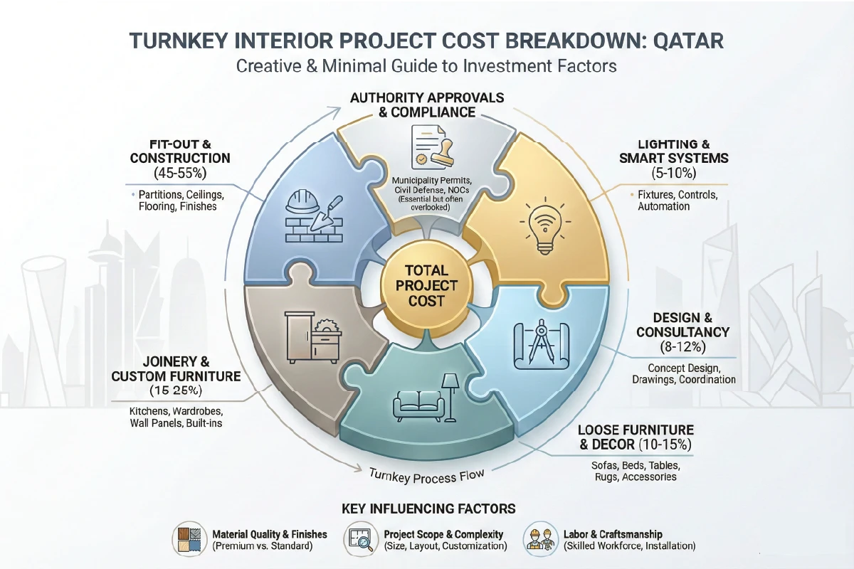 Infographic explaining turnkey interior project cost in Qatar showing pricing components scope inclusions design execution fit out materials approvals timelines and quotation structure for residential and commercial projects
