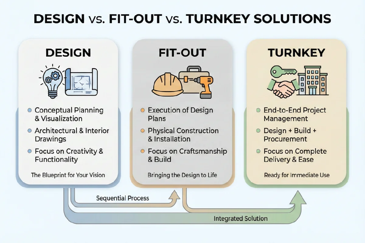 Infographic explaining the difference between interior design fit out and turnkey projects showing scope responsibility cost structure execution flow timelines and client involvement in Qatar projects