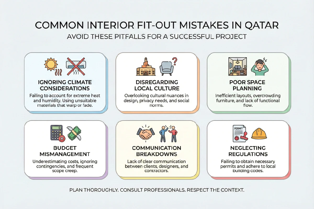 Infographic illustrating common interior fit out mistakes in Qatar including approval delays scope gaps poor coordination cost overruns and execution errors in residential and commercial projects