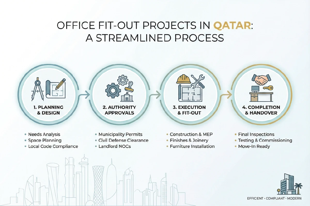 Overview of office fit out projects in Qatar showing cost structure planning stages approval process coordination timelines and compliance requirements for commercial office spaces