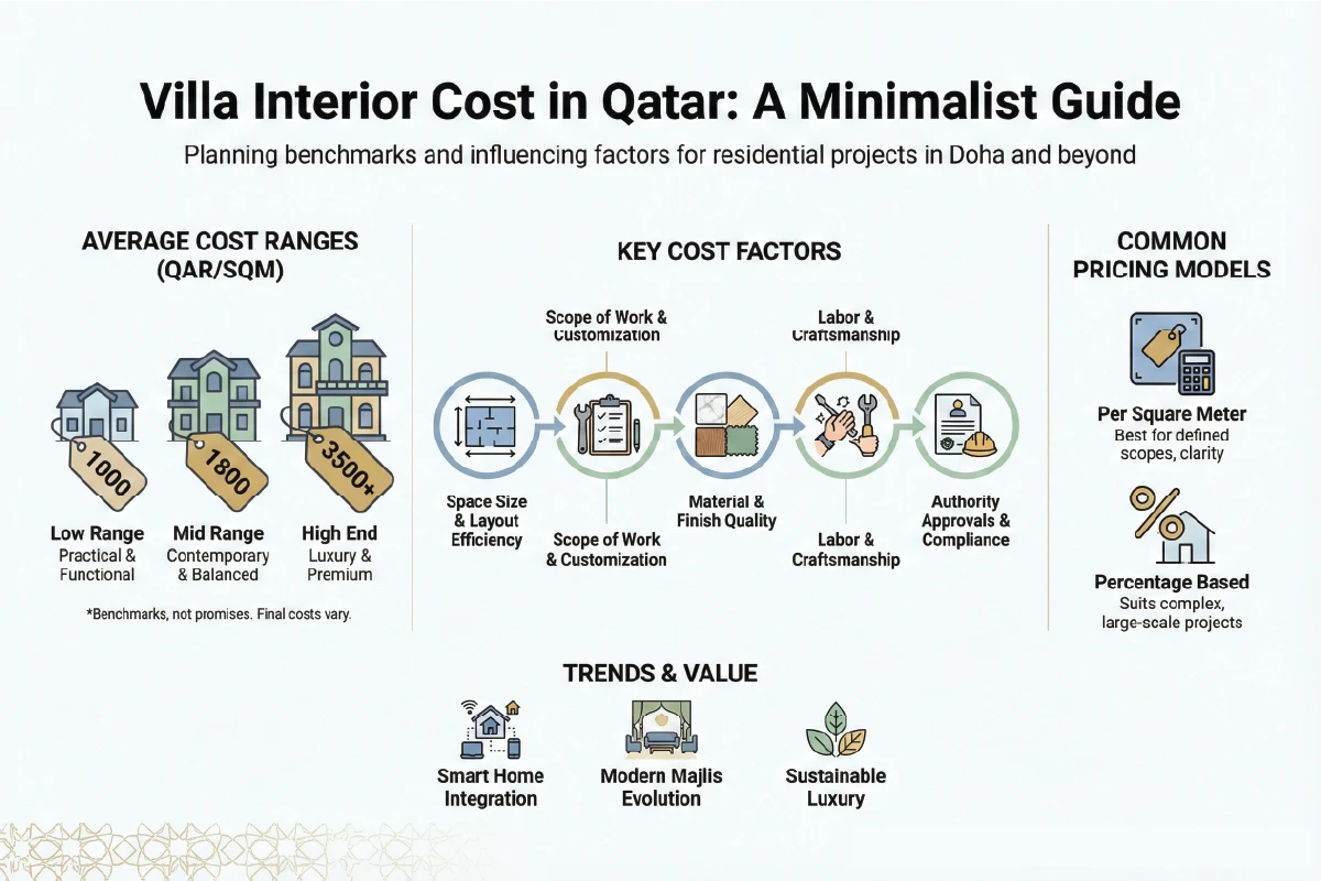 Infographic illustrating villa interior cost in Qatar showing design scope fit out pricing approval requirements timelines and key cost drivers for residential villas