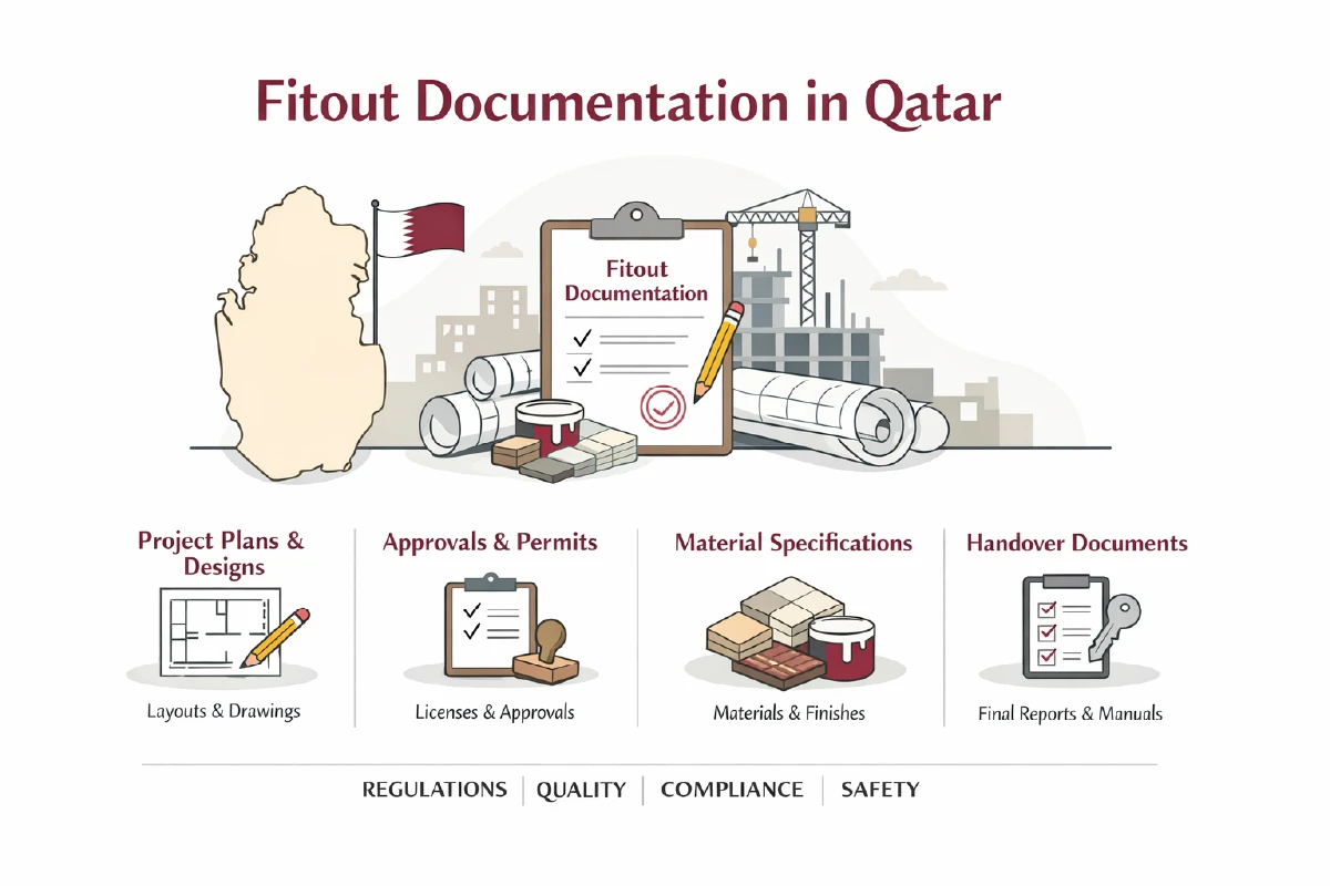 Diagram illustrating fitout documentation in Qatar showing drawings BOQs material submittals authority review stages and coordination requirements for commercial projects