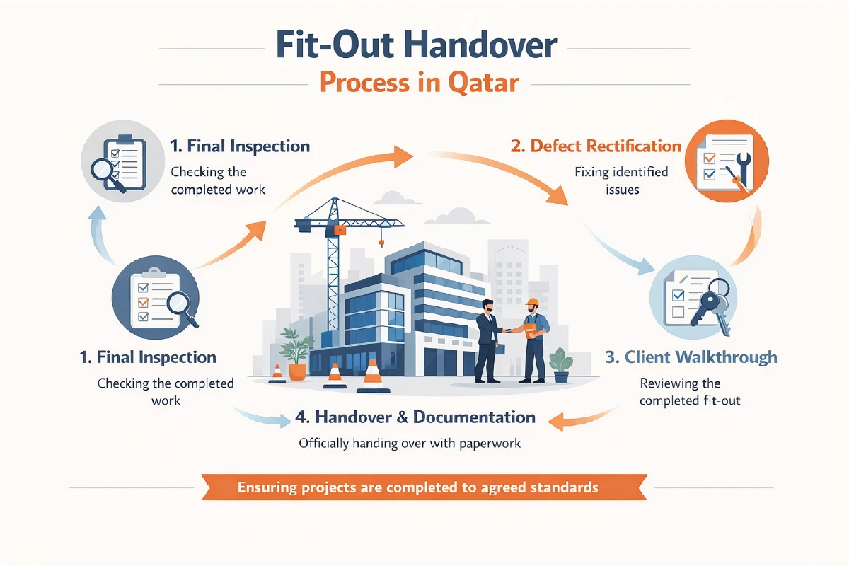 Checklist infographic illustrating fitout handover in Qatar showing inspections snag clearance documentation warranties testing and final acceptance for commercial interiors