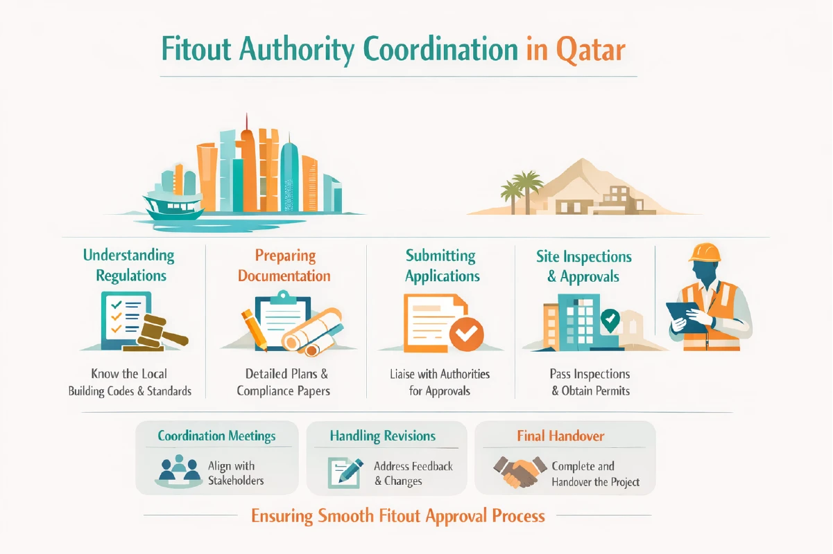 Flow diagram showing fitout authority coordination in Qatar including municipality civil defense utilities consultants and review sequencing