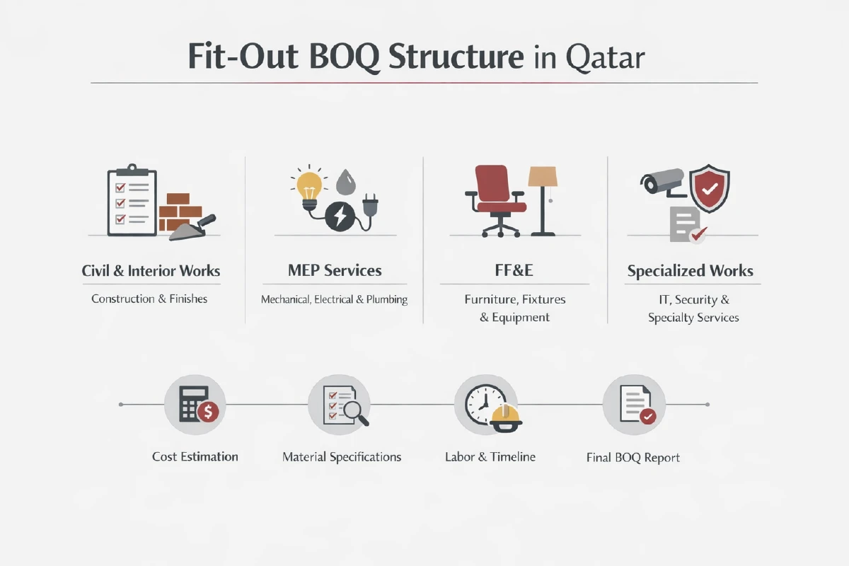 Infographic explaining fitout BOQ structure in Qatar showing trade breakdown quantity measurement scope definition and coordination with drawings