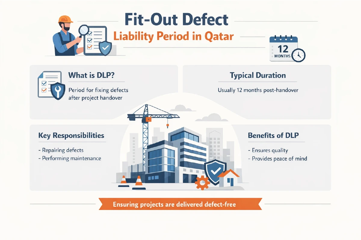 Timeline diagram illustrating fitout defect liability period in Qatar showing contractor responsibilities inspections rectification and post-handover obligations