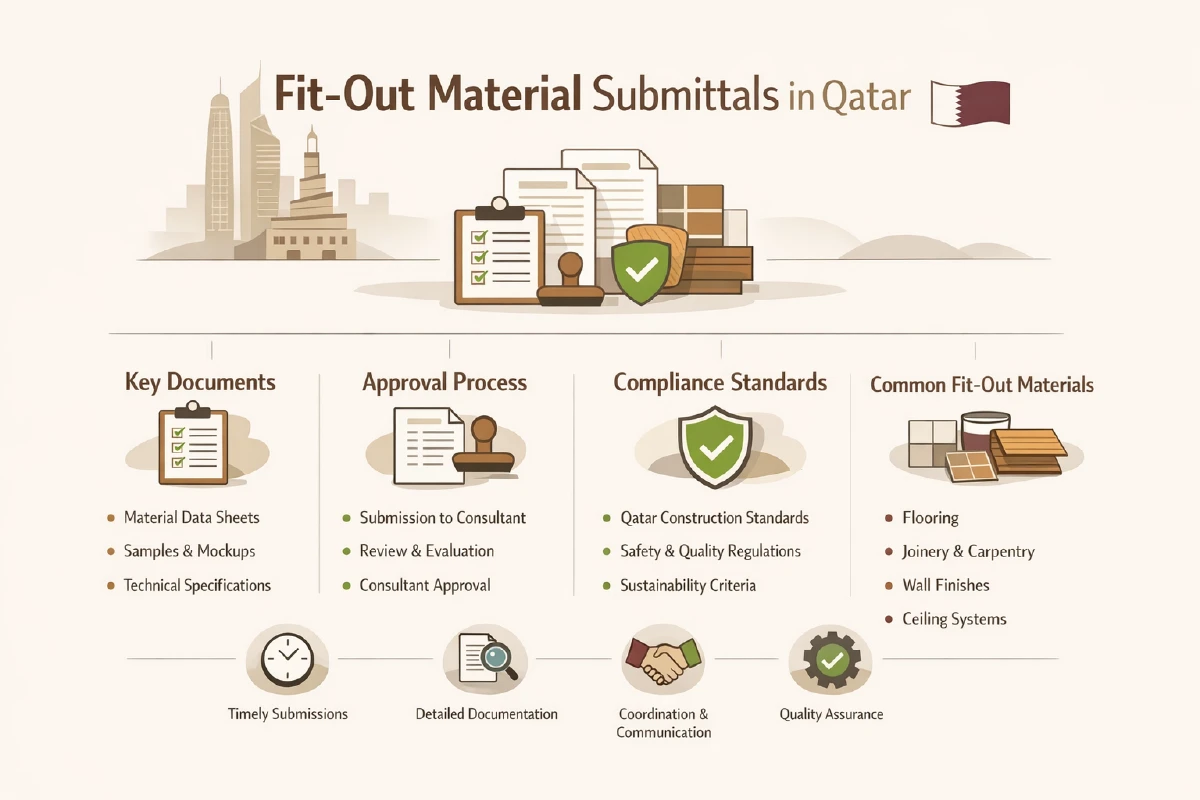 Workflow diagram showing fitout material submittals in Qatar including samples mockups authority review consultant approval and site installation