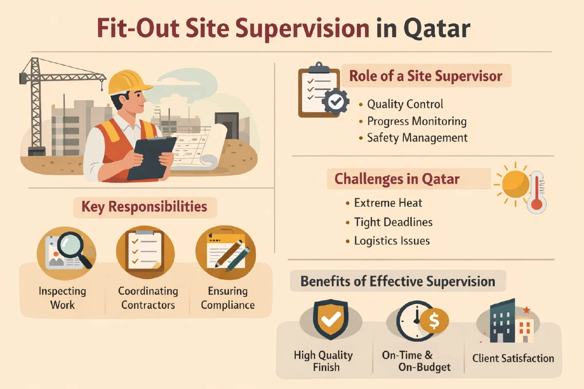 Diagram illustrating fitout site supervision in Qatar showing supervision roles quality checks reporting coordination and issue resolution