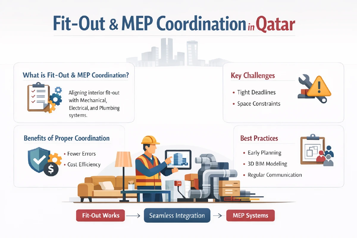 Coordination diagram showing fitout and MEP coordination in Qatar highlighting ceiling services clashes layout conflicts and resolution workflows