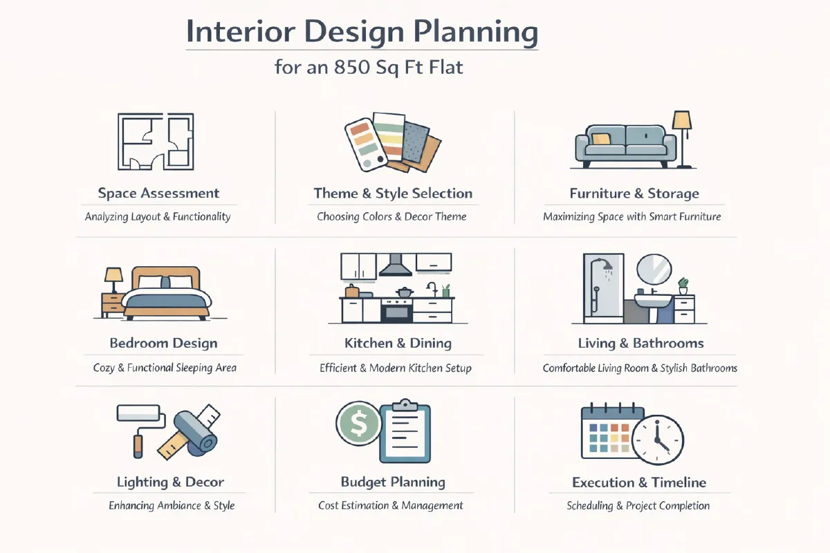 Interior design space planning for an 850 square foot flat showing zoning storage distribution and budget trade-offs