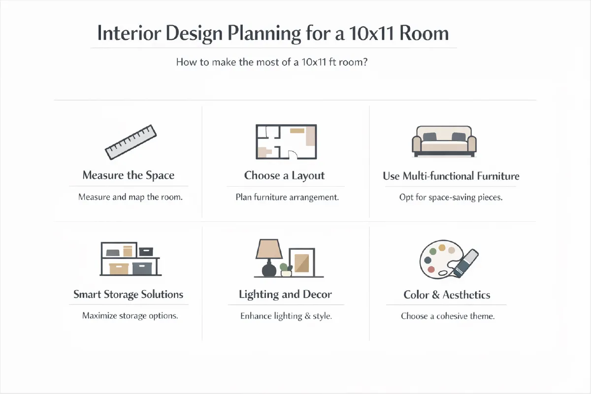 Interior design layout planning for a 10x11 room showing furniture clearances circulation and spatial constraints