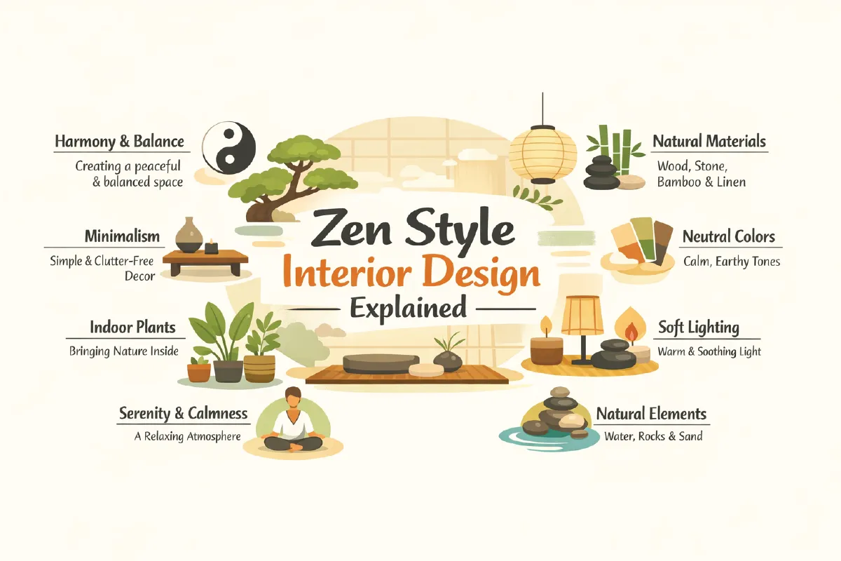 Zen style interior design principles showing spatial balance natural materials light control and calm proportions